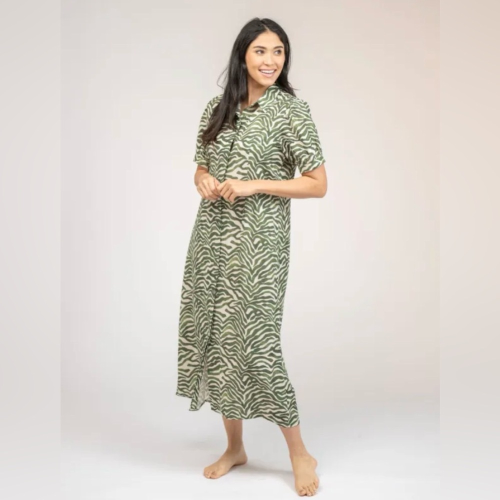 Beau & Ro Kris Green Zebra Print Shirt Maxi Dress L